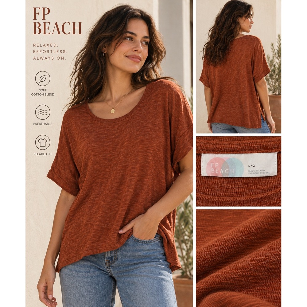 Free People Beach Women L Rust Orange Cotton Linen Relaxed Knit Scoop Neck Top